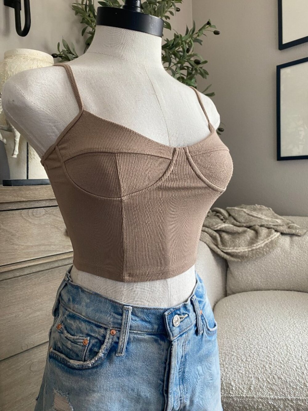 Joah Brown | Ribbed Bustier Crop Bustier Cami in Taupe